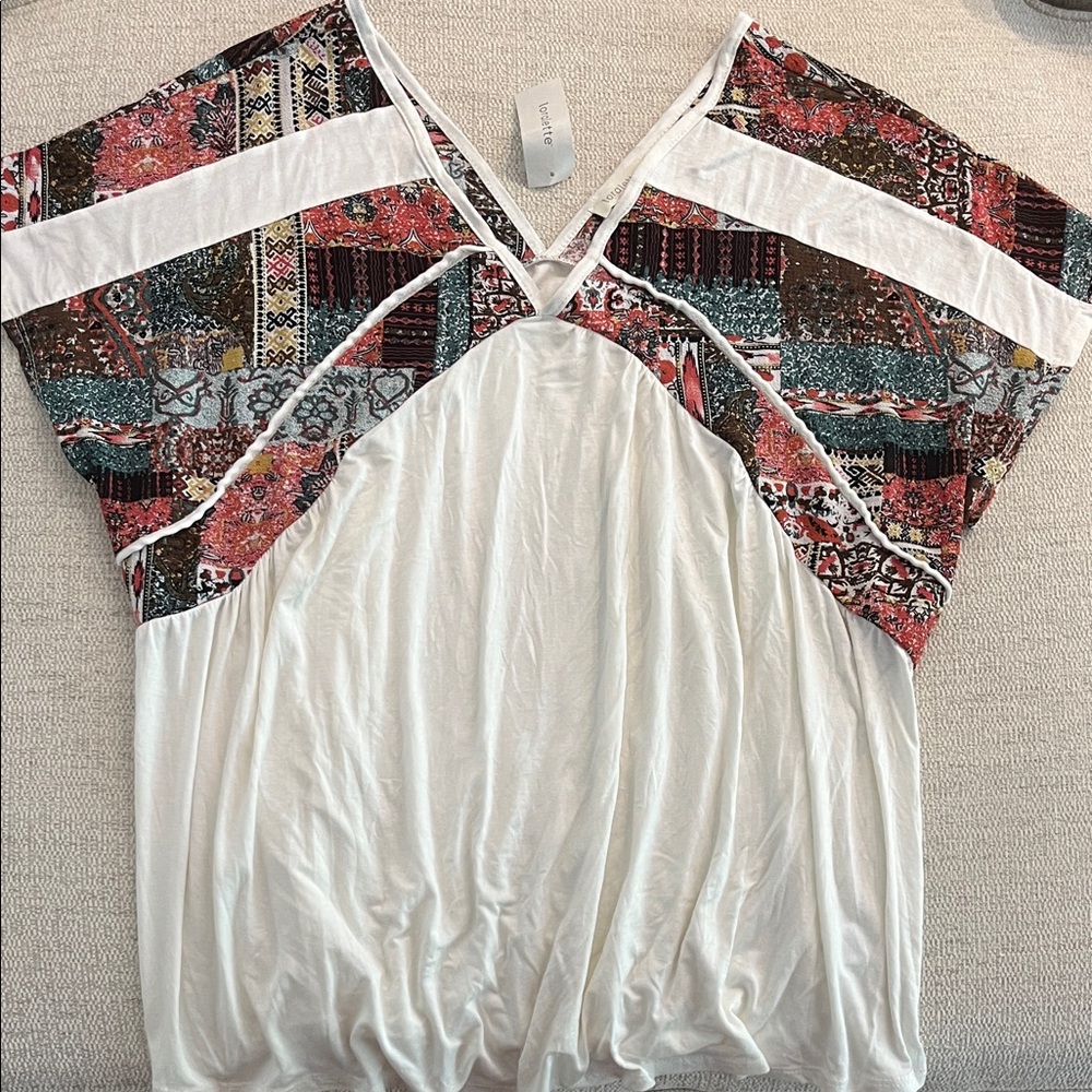 loralette White V-Neck Tunic with Multi-Color Boho Patchwork